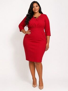 Slinky Brand Women's VTG Red Sheath Midi Silver Accent Keyhole Dress Size L